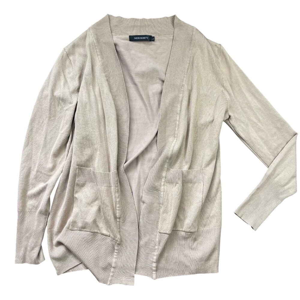 Merokeety Neutral Open Front Cardigan Sweater Women's Large Long Sleeve Viscose